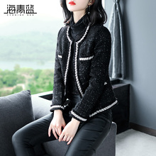 海青蓝2018秋装新款女装时尚黑色长袖粗花呢小香风短款外套05324图片