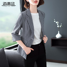 海青蓝2018秋季新款女九分袖修身显瘦条纹印花气质西装外套04720图片