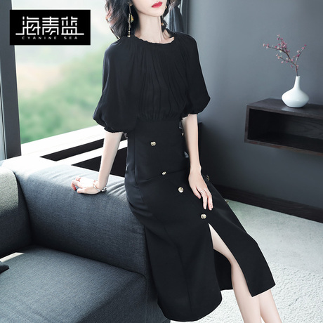 海青蓝2018夏装新款女装气质七分袖时尚拼接包臀开叉连衣裙01578商品大图