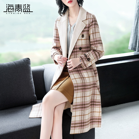 海青蓝2018冬装新款女长袖休闲格子大衣时尚中长款毛呢外套05296商品大图
