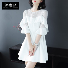海青蓝2018夏装新款时尚圆领气质修身荷叶边收腰a字连衣裙女01582图片