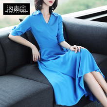 海青蓝2018夏装新款气质淑女V领五分袖系带收腰大摆连衣裙女01590图片
