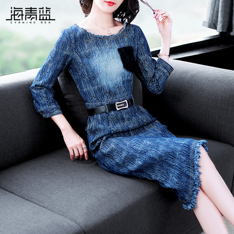海青蓝2018秋季新款时尚圆领高腰修身显瘦气质连衣裙女装潮04603商品大图