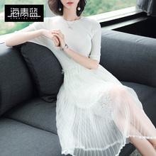海青蓝2018夏装新款欧美气质圆领针织拼接个性网纱连衣裙女01559图片