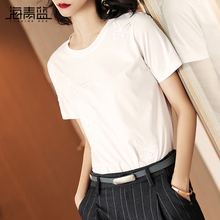 海青蓝2018夏季新款欧美气质短袖白色T恤修身休闲百搭上衣女01910图片