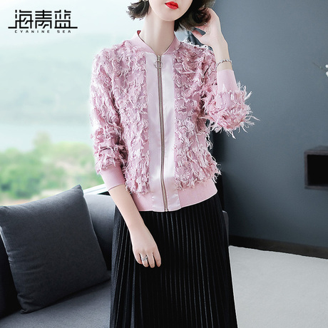 海青蓝2018秋装新款女装欧美时尚长袖修身显瘦拼接夹克外套05107商品大图