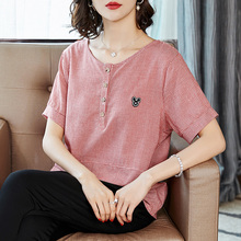 胖mm大码女装夏新款2018潮小心机宽松t恤女韩版显瘦棉麻短袖上衣图片