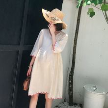 AMUM春装新品 七分袖棉麻绣花宽松连衣裙孕妇装