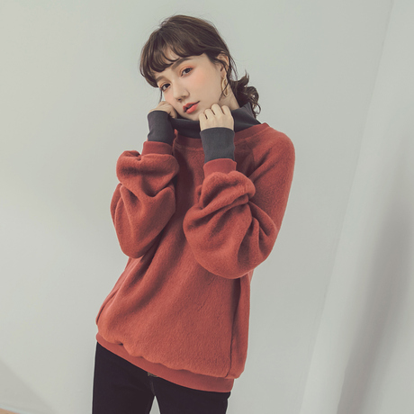 桔熊秋冬装假两件灯笼袖加厚高领上衣毛呢卫衣女大码AB8222商品大图