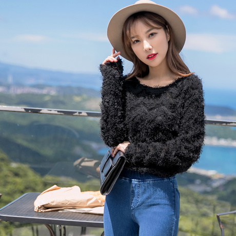 桔熊秋冬装韩版黑白色羽毛纱毛绒长袖上衣女大码AB8166商品大图
