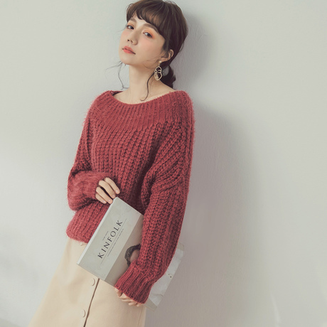 桔熊秋冬装小性感大领口宽松蝙蝠衫粗毛线毛衣女大码FA1876商品大图