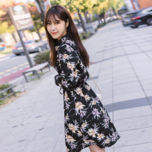 桔熊秋装韩系气质黑色印花收腰系带衬衫连衣裙女大码DA5987图片