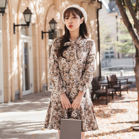 桔熊秋冬装领结绑带气质印花鱼尾磨毛棉连衣裙女大码DA6072商品大图