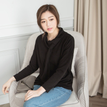 桔熊桔选简约纯色翻领领结落肩长袖上衣胖妹妹女装秋冬大码AB5622图片