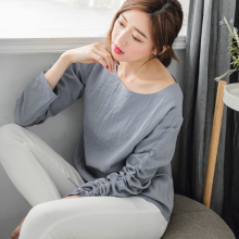 桔熊优惠简约纯色圆领落肩长袖内含系带上衣女装秋冬大码AB5024图片