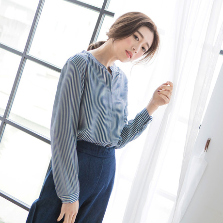 桔熊春秋装职业女衬衣条纹立领长袖半开襟衬衫OL大码AB5794商品大图