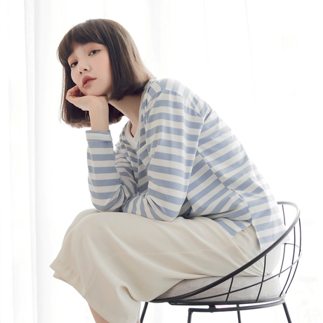 桔熊优惠休闲宽松单口袋横条纹圆领长袖上衣t恤女大码AB4625商品大图