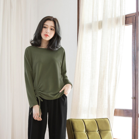 桔熊优惠简约圆领压纹系带抓皱上衣女长袖女装秋冬大码AB5393商品大图