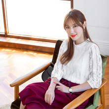 桔熊蕾丝衫女秋装新款韩版复古少女长袖立领上衣大码AB7602图片