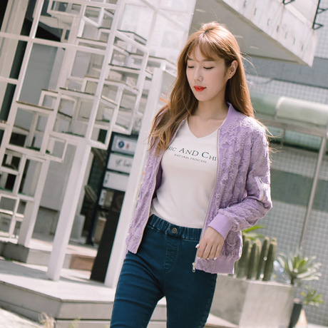 桔熊秋装韩版甜美短款蕾丝小外套棒球服外套女大码EA2338商品大图