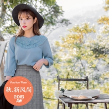 桔熊秋装荷叶边蕾丝网纱拼接领七分袖纯色上衣女大码AB7559图片