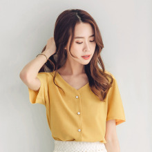 桔熊夏装简约纯色单排扣短袖无领衬衫上衣女大码AB7337图片