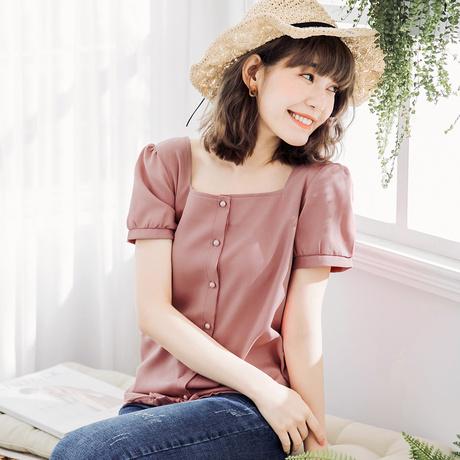 桔熊夏装复古甜美泡泡袖方领上衣女胖妹妹大码AB7511商品大图