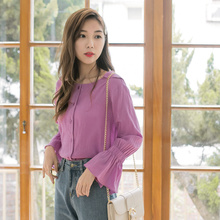 桔熊秋装韩版复古翻领高棉喇叭袖上衣女大码AB7837图片