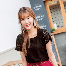 桔熊夏装韩版方领纯色钩花镂空蕾丝衫上衣女大码AB6970图片