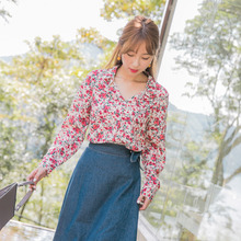 桔熊秋装甜美韩版碎花印花长袖上衣女衬衫大码AB7816图片