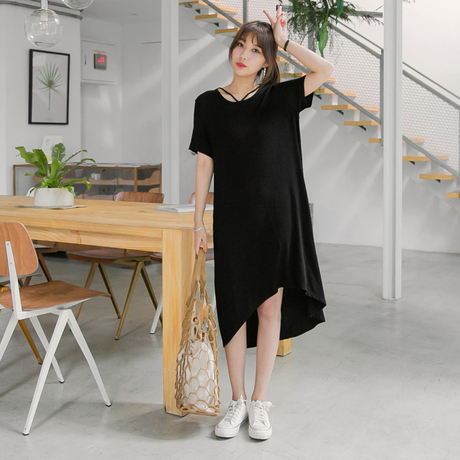 桔熊韩版宽松小心机V领领斜摆弹力长款连衣裙女大码DA4743商品大图