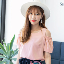 桔熊夏装韩版温柔风纯色露肩耳边短袖上衣女大码AB7419图片