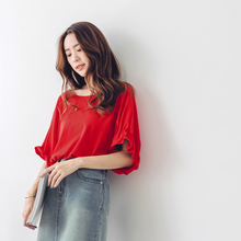 桔熊夏装纯色荷叶袖压褶宽松蝙蝠衫上衣女大码AB7560图片