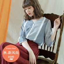 桔熊秋装知性气质竖条纹五分半袖无领衬衫女大码AB7719图片