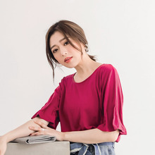 桔熊桔选春秋装简约五分半袖口打折圆领套头T恤上衣女大码AB5982图片
