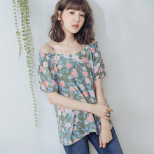 桔熊夏装碎花吊带一字领露肩凉感短袖上衣女大码AB7304图片