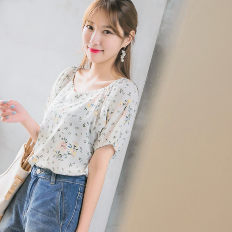 桔熊夏装韩版气质碎花印花灯笼袖大领口上衣女大码AB7309商品大图