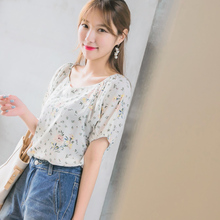 桔熊夏装韩版气质碎花印花灯笼袖大领口上衣女大码AB7309图片