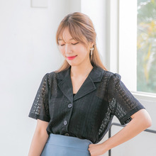 桔熊夏季韩chic复古西装领蕾丝镂空短袖衬衫女大码AB7400图片
