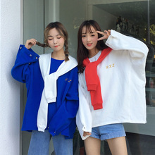 上衣外套 韩国ins超火宽松bf原宿风披肩假两件加绒卫衣女学生韩版