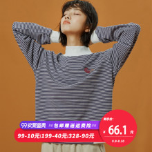 尔给秋季复古港味条纹t恤女2018新款拼色学生宽松韩版高领上衣图片