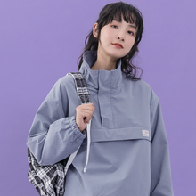 尔给女生帅气上衣长袖蓝色拉链立领秋冬加厚加绒嘻哈外套女潮街头图片
