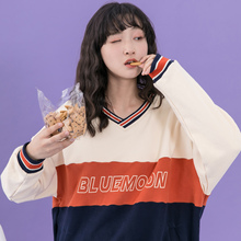 尔给绿拼色慵懒风上衣宽松印花v领加绒卫衣女韩版连帽秋冬季加厚图片