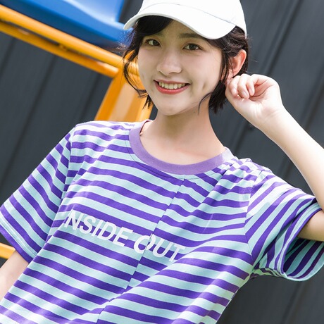 尔给紫色条纹T恤短袖女2018新款宽松韩版学生夏装不规则上衣商品大图