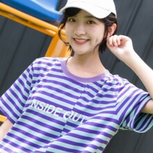 尔给紫色条纹T恤短袖女2018新款宽松韩版学生夏装不规则上衣图片