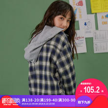 尔给浅色chic早秋格子衬衫外套宽松韩版复古bf风2018新款连帽衬衣图片