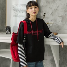 尔给假两件卫衣女韩版学生宽松连帽套头原宿风bf条纹拼接2017新款图片