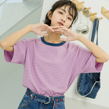 尔给夏季条纹t恤女短袖2018新款宽松学生撞色拼接圆领粉色上衣图片