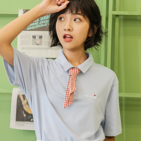 尔给浅蓝色polo领宽松上衣女夏2018新款韩版日系女装刺绣短袖t恤商品大图