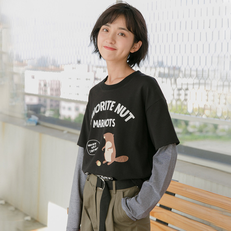 尔给学院风假两件拼接上衣2018新款秋季长袖宽松韩版印花t恤女商品大图